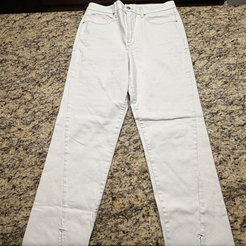 Good American Good Boy Straight Super High Rise Split Hem Jeans Off White 12 ws